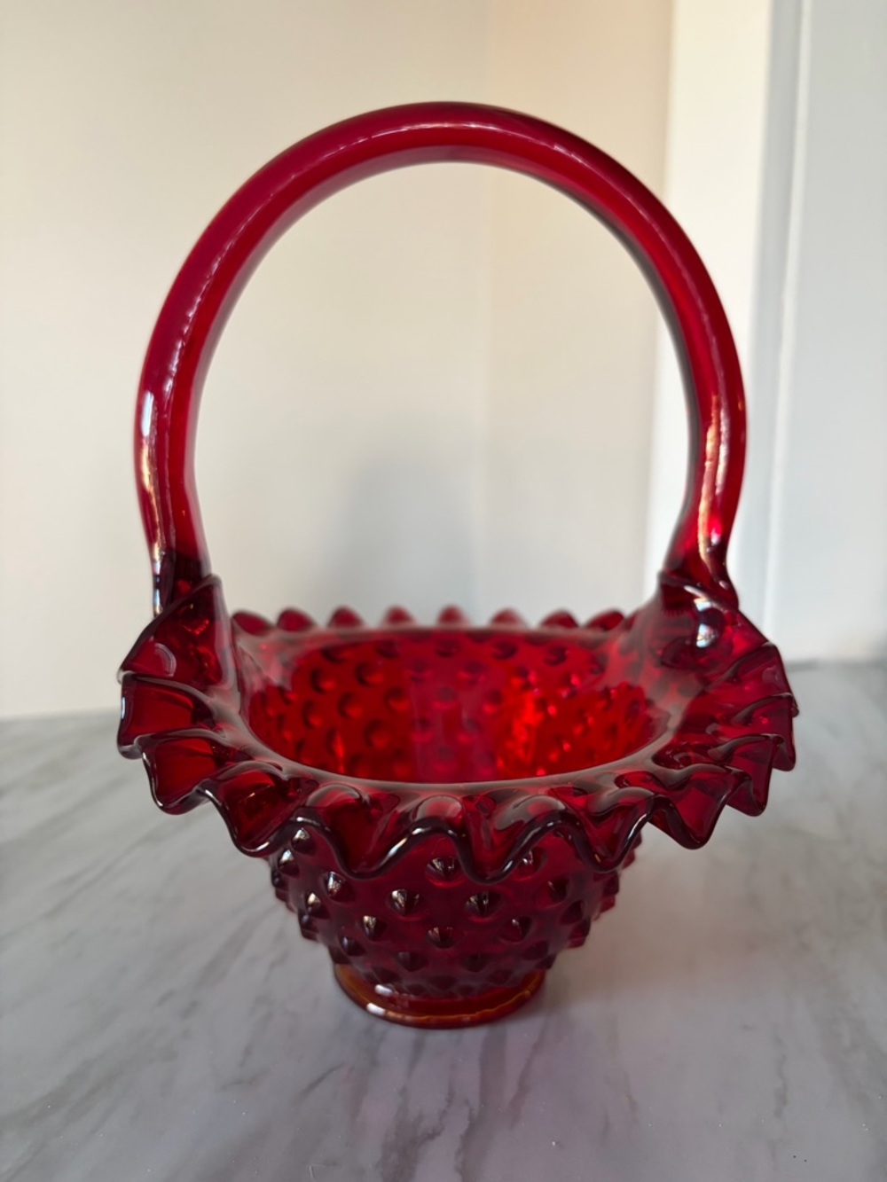 VINTAGE FENTON Red Hobnail Glass Basket